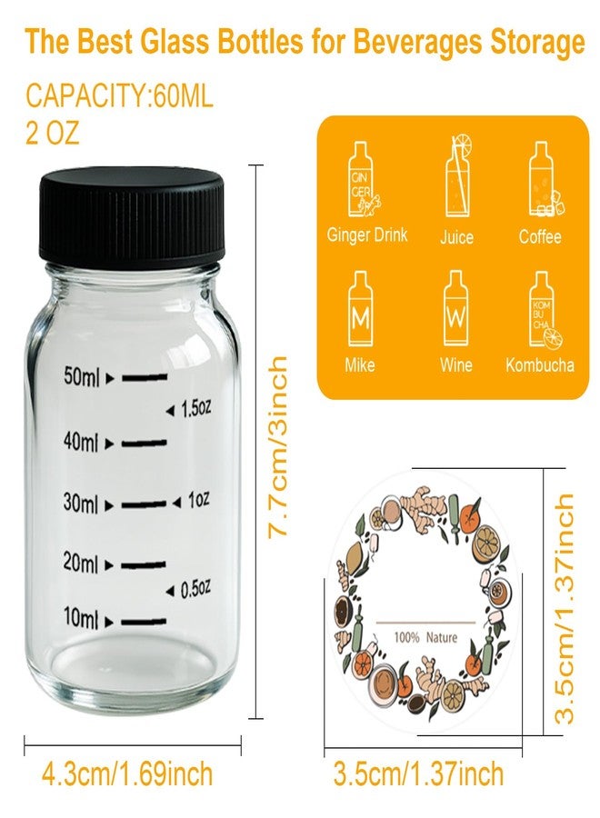 WERTIOO 16 Pack 2oz Glass Shot Bottles with Black Caps – Leakproof Wellness Shot Glass Bottles with ml & oz Scale – Mini Glass Jars with Lids for Juicing, Ginger Shots, Home & Party Favors - Image 2